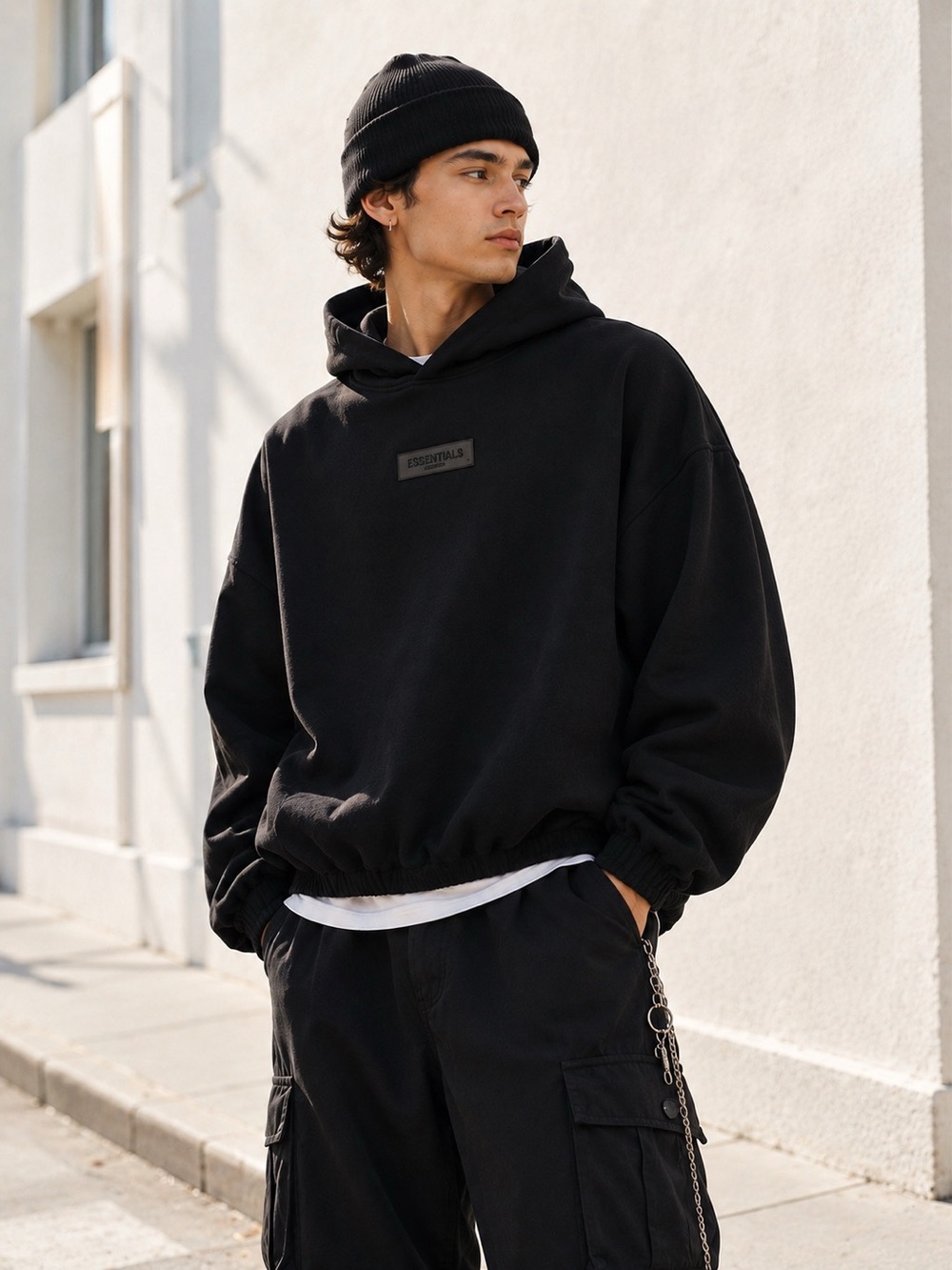 Fear of God Essentials Black Heavy Cotton Hoodie Mens Oversized S